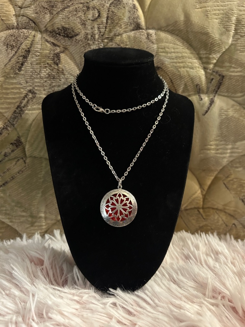 Silver Flower Pendant Necklace with Red Inset